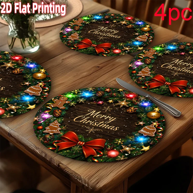VIKAMA Merry Christmas String Lights Round Placemat, Non Slip Washable Heat Resistant Mat, Winter Holiday Kitchen Dining Decor