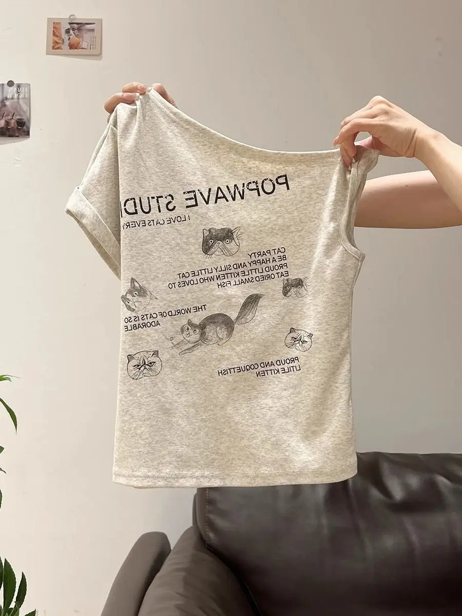 

Retro American Hot Girl Print ort Sve T-irt Women Summer Design Ele oulder Bared Slim Fit Top Korean Sle