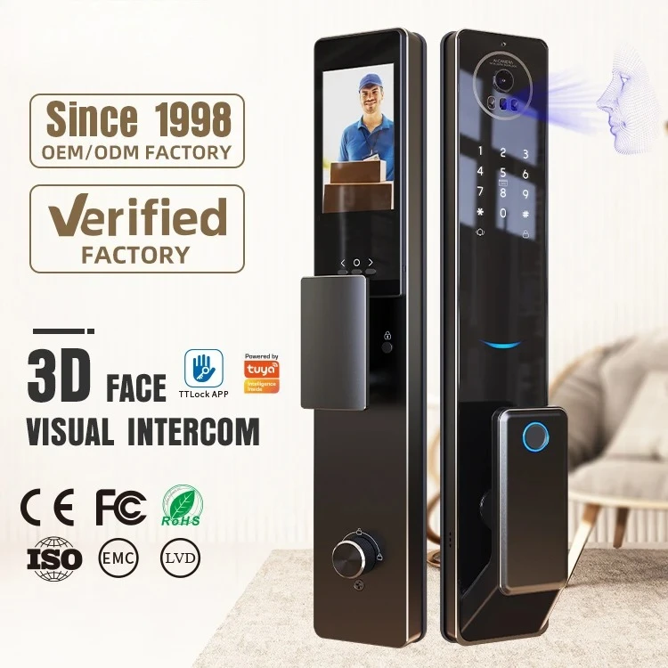 3D Face Recognition Digital Keypad Fingerprint Biometric Automatic Exterior Smart Door Lock With Camera
