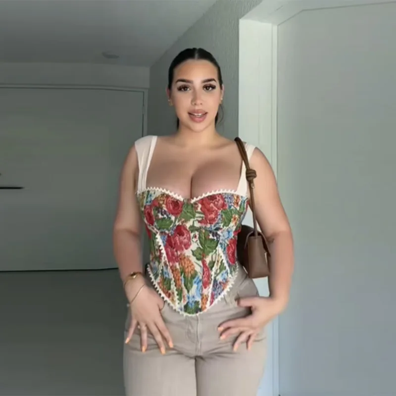 

Винтажный шикарный цветочный корсетный топ для женщин, с вырезом «сердечко», приталенный, с кружевными вставками, укороченная блузка, летняя, в стиле Y2K, для свиданий, вечеринок и клубов, 2026