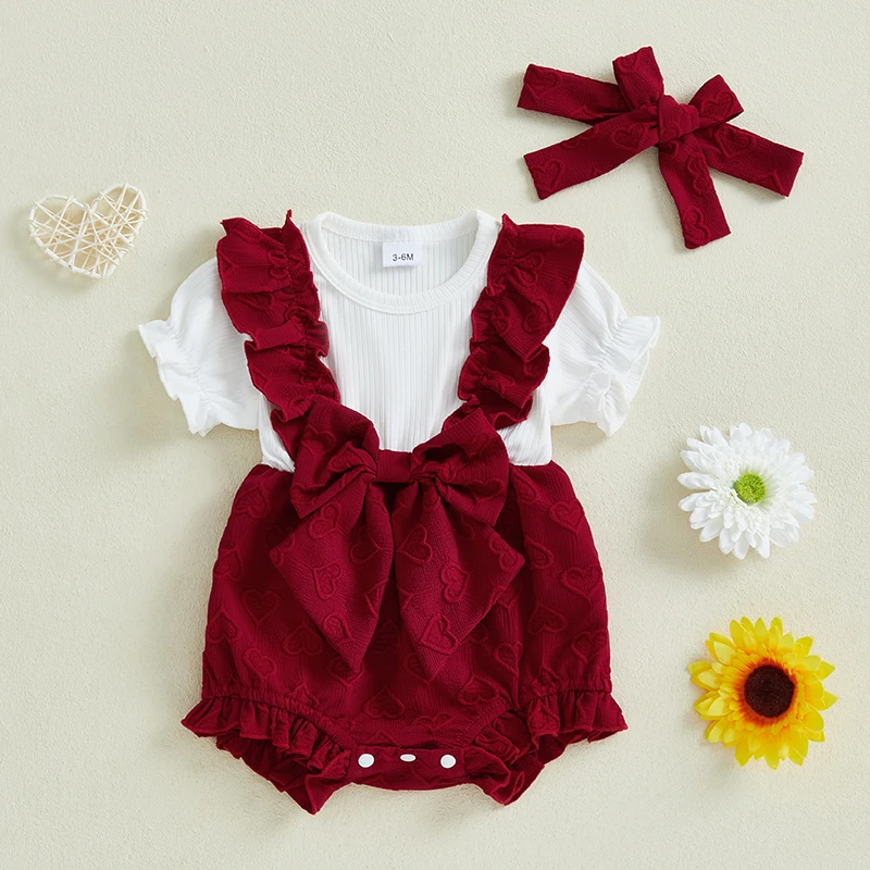 

Baby Girls Rompers Heart Pattern Bowknot Round Neck Ruffles Short Sleeve Infant Bodysuits Jumpsuits with Headband
