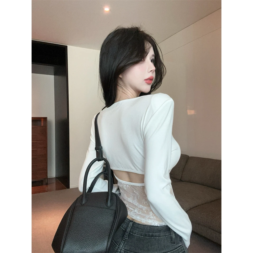 Removable Chest Pad Sweet And Spicy Girl Lace Splice Backless Long Sleeve T-Shirt Women Slimming Underwear Short Top Base Shirt