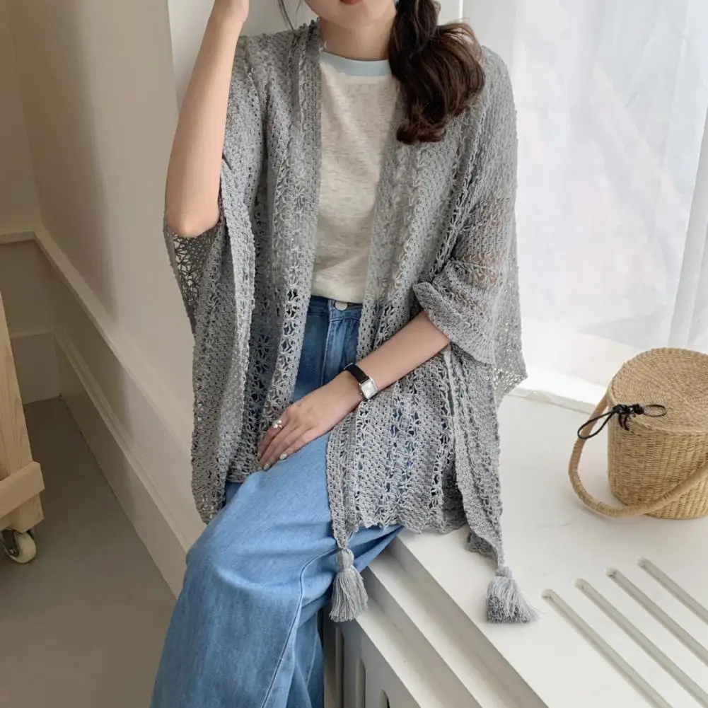 

Women Knitting Shawl Ethnic Style Solid Color Hollow Braided Cloak with Fridge Decor Draping Shawl Cocktail Dress Accessory