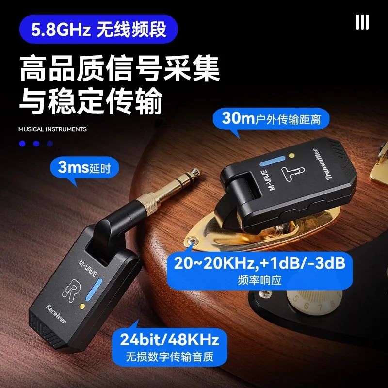 Wireless Transmitter Receiver, Bluetooth In-Ear Monitor, Audio Cable for Electric Guitar, 10m Range, High Fidelity Sound