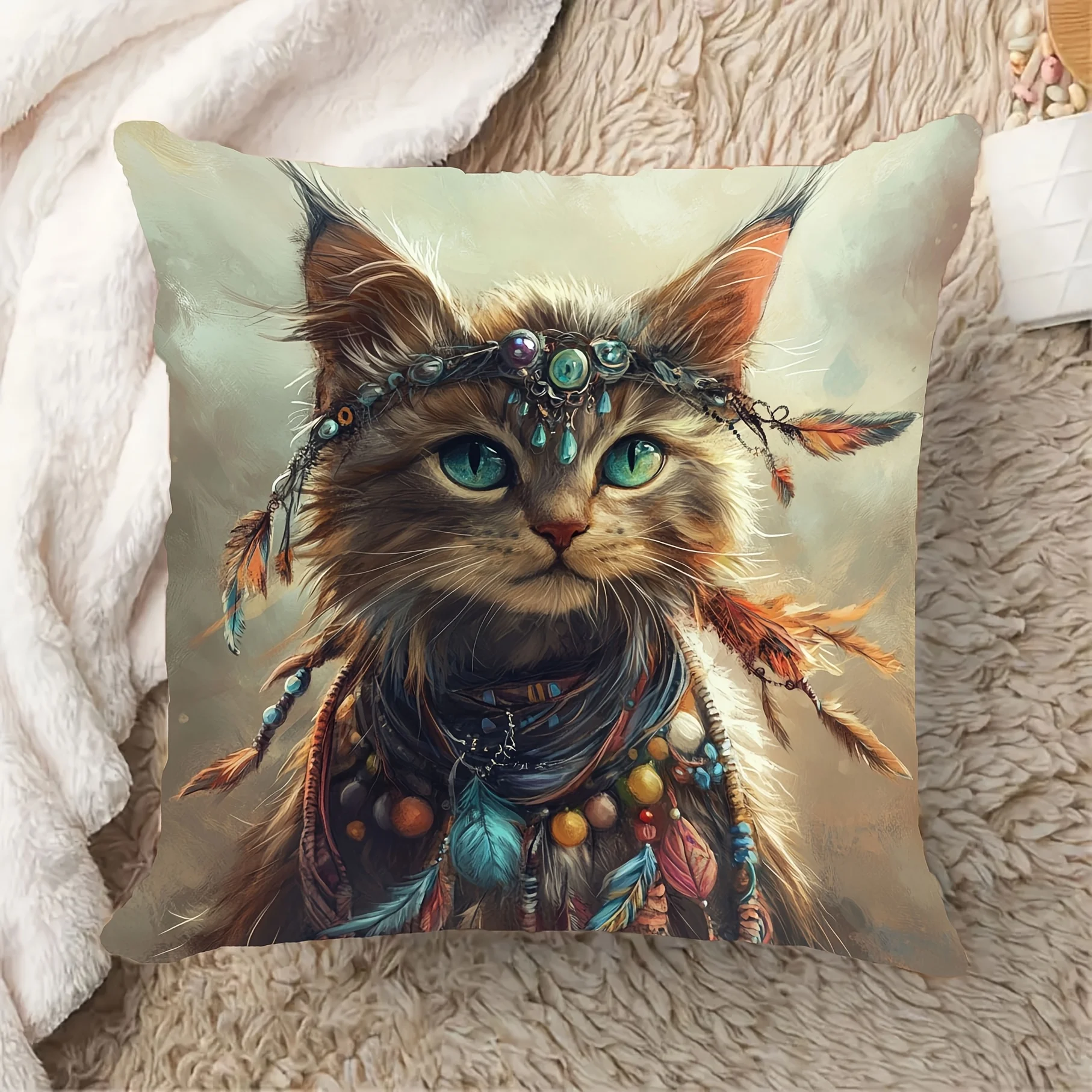 Boho Tribal Cat Pillow Cover, Watercolor Bohemian Feather Beaded Cat Art Print Decorative Cushion for Home Sofa Bed