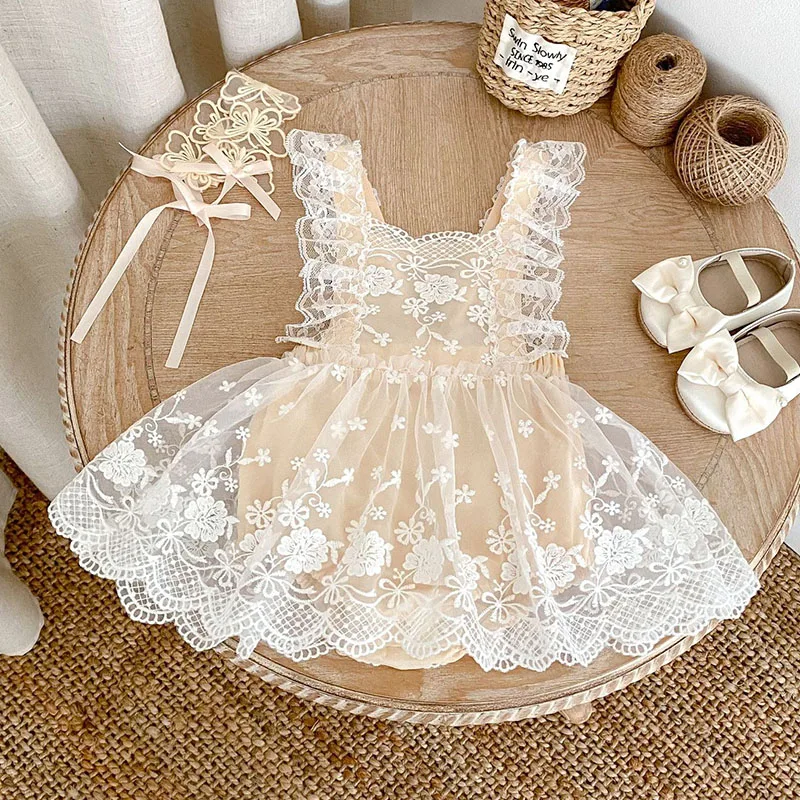 

2025 New Summer 0-24M Children Clothes Infant Baby Girls Bodysuits Sleeveless Cotton Mesh Splicing Toddler Baby Girls Jumpsuit
