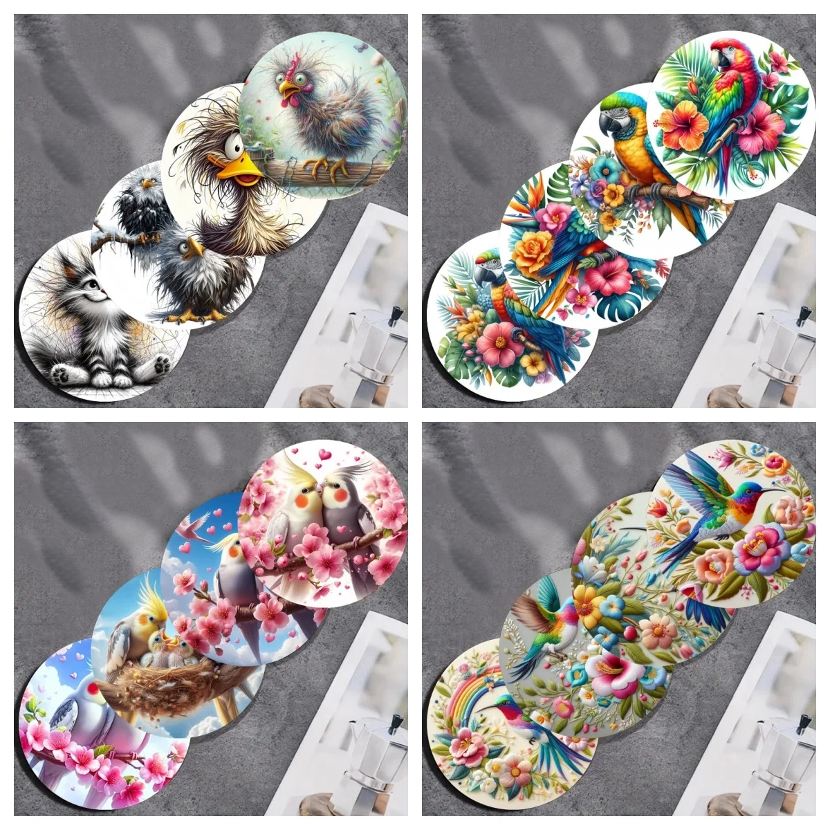 4 Sets bunte Untersetzer mit Vogelmuster, rutschfeste Holzuntersetzer, geeignet für Wohnzimmer, Büros, Bars usw.