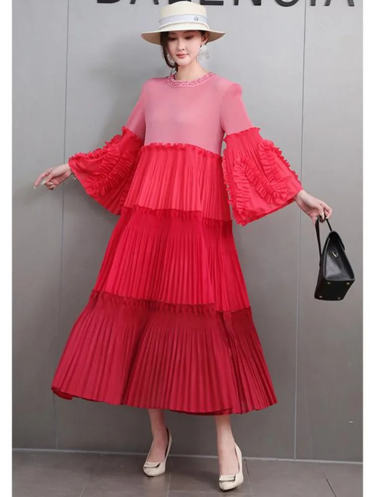 SHENGPALAE Fashion Gradient Spliced Large Size Dress Women O Neck Flare Sleeve A Line Loose Casual Clothing 2025 New 5ZD1141