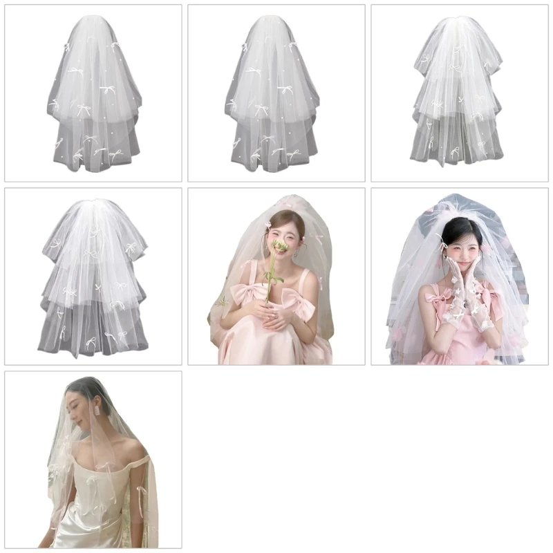 Bride Veil Studded Bowknot Beaded Head Covering Wedding Hair Covering White Wedding Veil Headscarf Short Veil DropShip image 2