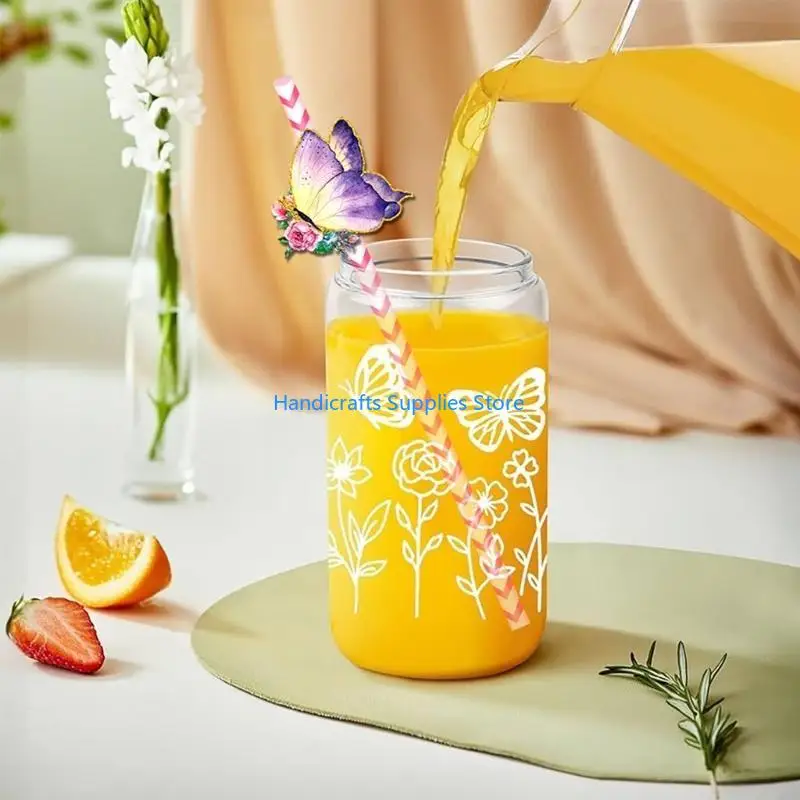R1WA 24pcs Butterfly Themed Drinking Straw Decorative Biodegradable Stripe Paper Straw for Gatherings Party Supplies