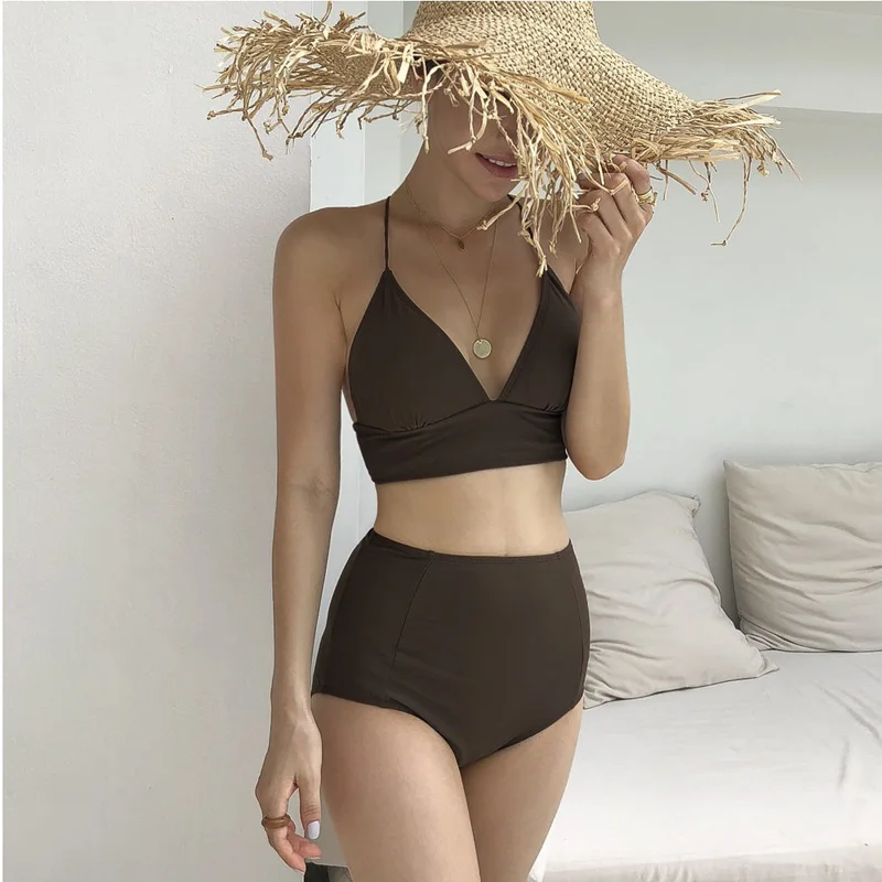 Warna Solid Renda-Up Bikini Set Wanita Tinggi Pinggang Dua Potong Pakaian Renang 2019 Gadis Seksi Pakaian Renang