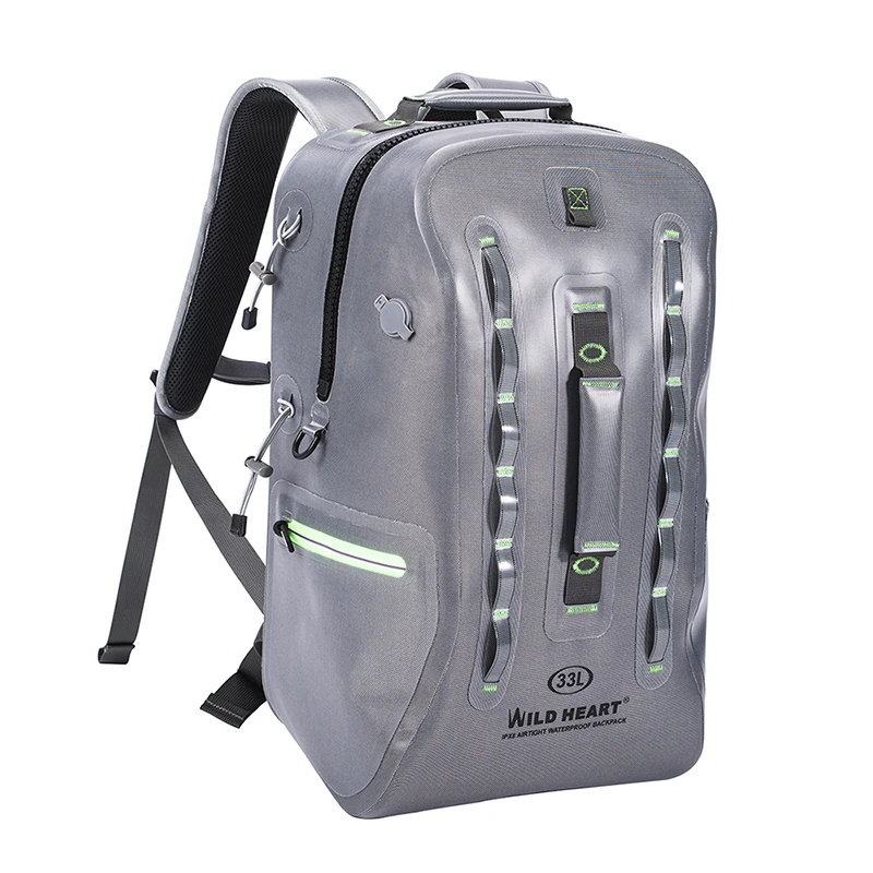 

WILD HEART Waterproof and Airtight 33L Backpack with Rafting and Tracking Capabilities - Perfect for River Adventures（Grey)
