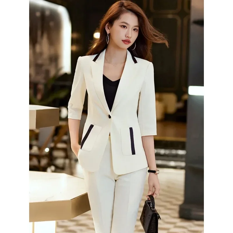 Black Brown Beige Pant Suit Ladies Women Half Sleeve Blazer And Trouser Female Work Wear Formal 2 Piece Set For Summer Spring