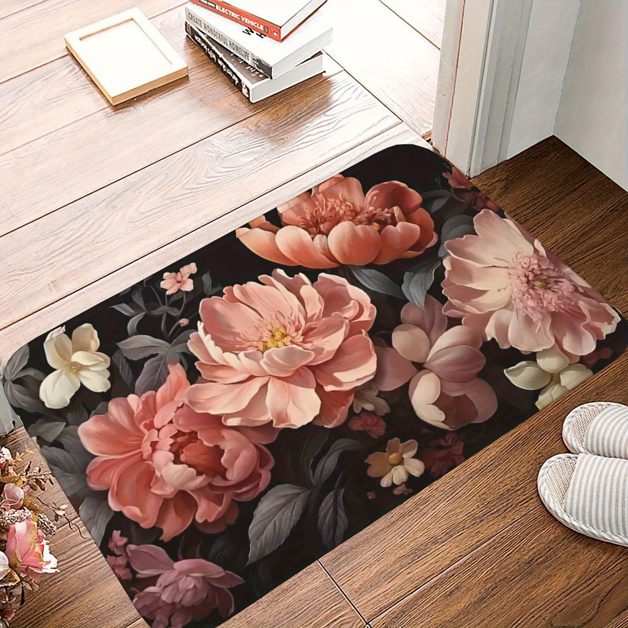

1PC Peony Pattern Kitchen Rug Non-Slip Door Mats Pop design Bathroom Rug Bath Mat Carpet for Home Sink Laundry Decor