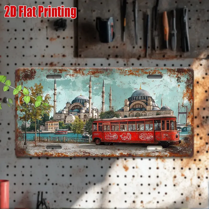 مسطح ثنائي الأبعاد، مسطح ثنائي الأبعاد - قطعة واحدة من لوحة ترخيص الألومنيوم/علامة معدنية عتيقة بتصميم ترام اسطنبول فن جداري خارجي #4