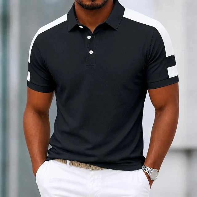 Men Short‑Sleeve Polo Shirt Shoulder Color Block Patch Design Button Knit Fabric Casual Golf Daily Multi‑Colors Male Summer Tops