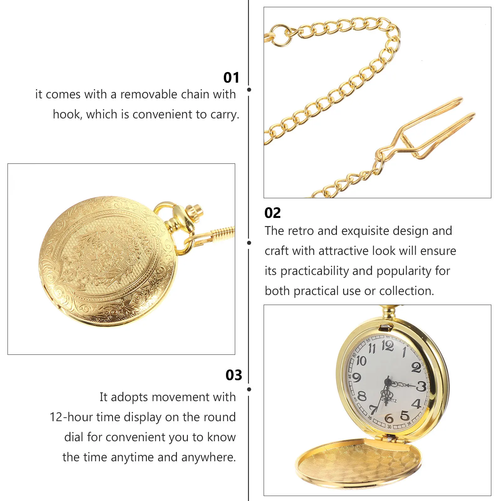 Pocket Watch Necklace Alloy Carved Design Golden Color Hanging Watch Quartz Movement Light Weight Gift