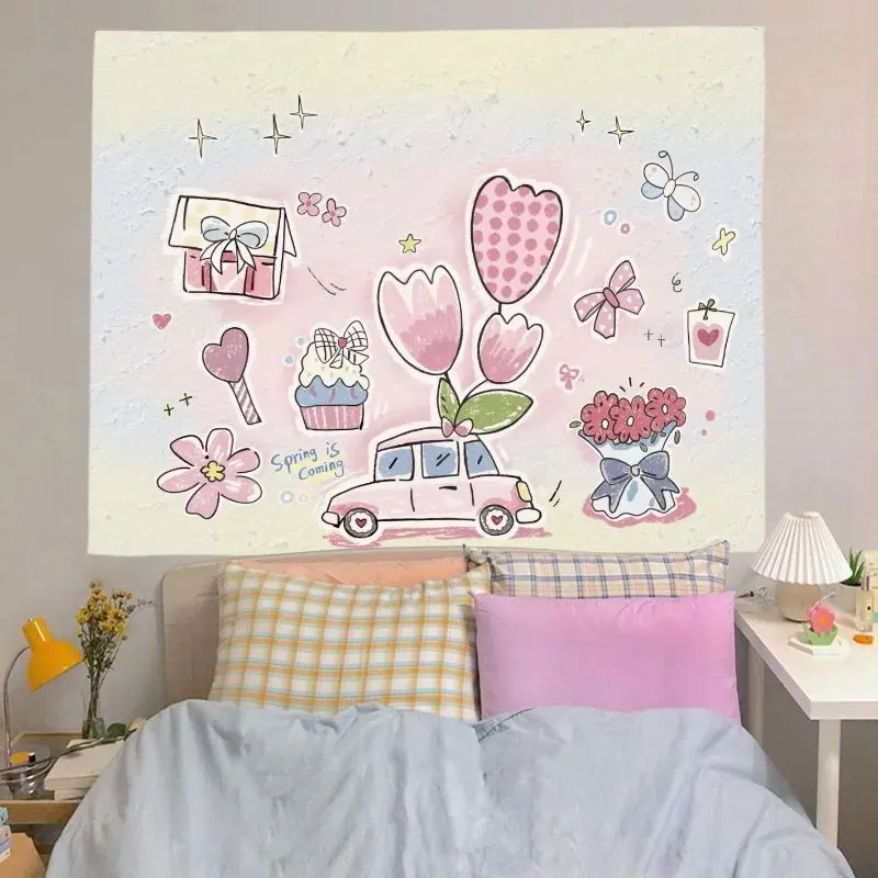 VIKAMA Cute Cake Carousel Girl Wall Tapestry Kawaii Sweet Dessert Party Pink Aesthetic Home Decor Charming Soft Durable Cozy