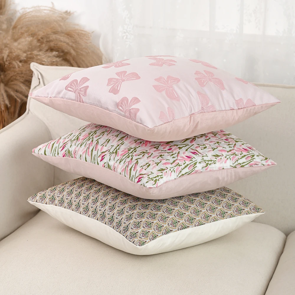 BUYNOW Pink Flower Jacquard Hollandaise Lace Pillowcase Vintage Pastoral Living Room Sofa Cushion Cover Home Bedroom Saddle Deco