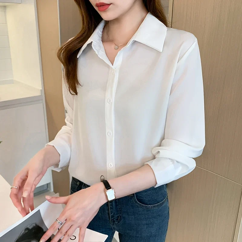 Fashion elegant satin shirts solid color ladies shirts causal Women\'s Blouses Spring Long Sleeve Shirts Tops Blusas Mujer