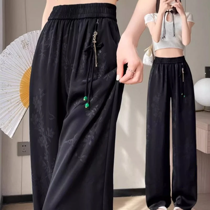 New Chinese Style Satin Floral Embroidery Casual Pants Women Summer 2026 Ice Silk Cool Feeling Drapey Wide Leg Trousers