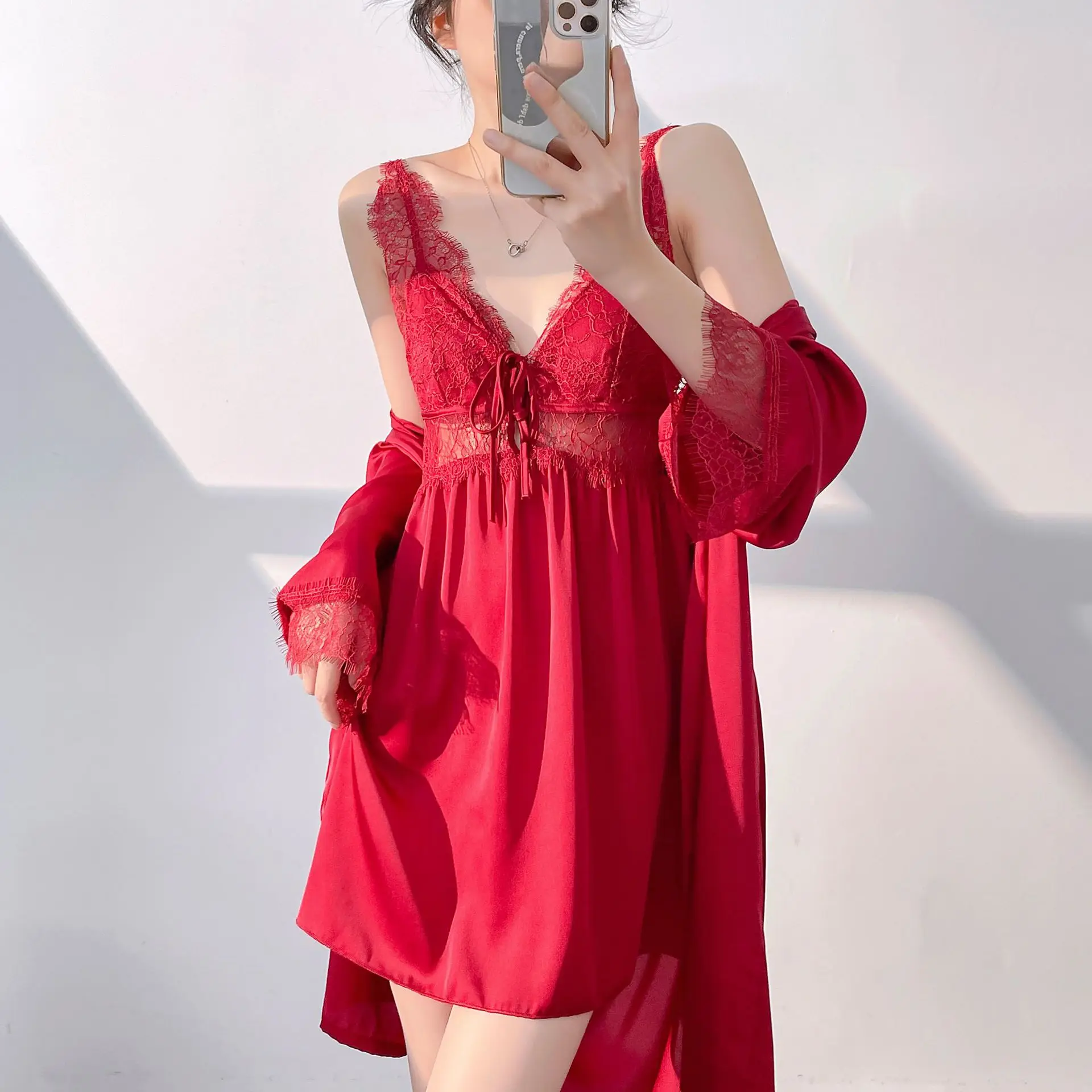 Twinset Robe ชุดเดรสชุดนอนหญิงชุดชั้นในลูกไม้ Hollow OUT เสื้อคลุมอาบน้ําชุดกิโมโนชุดฤดูร้อนชุดนอน