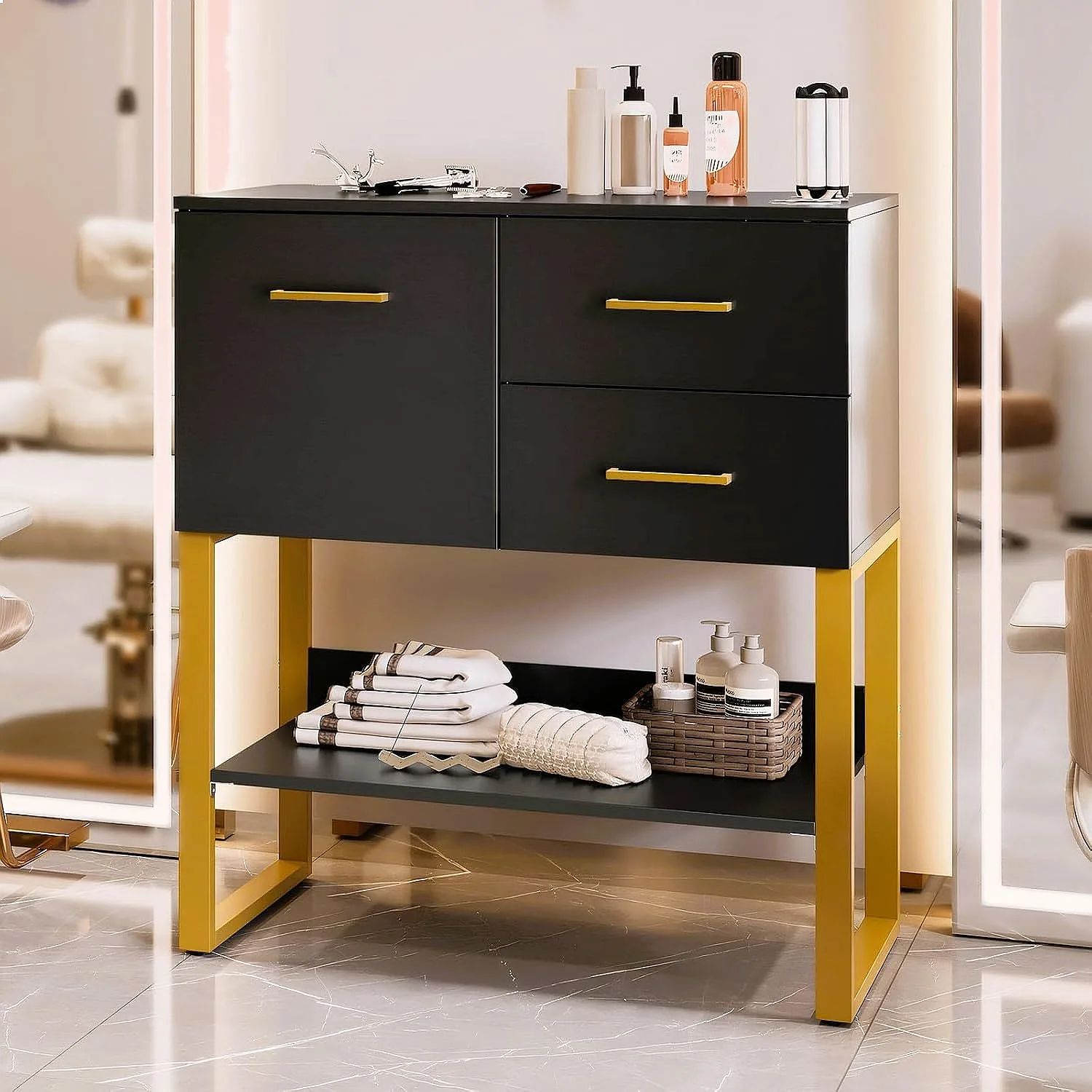 Professional Barber Station Storage 3 Hair Dryer Holders 2 Drawers Black Gold