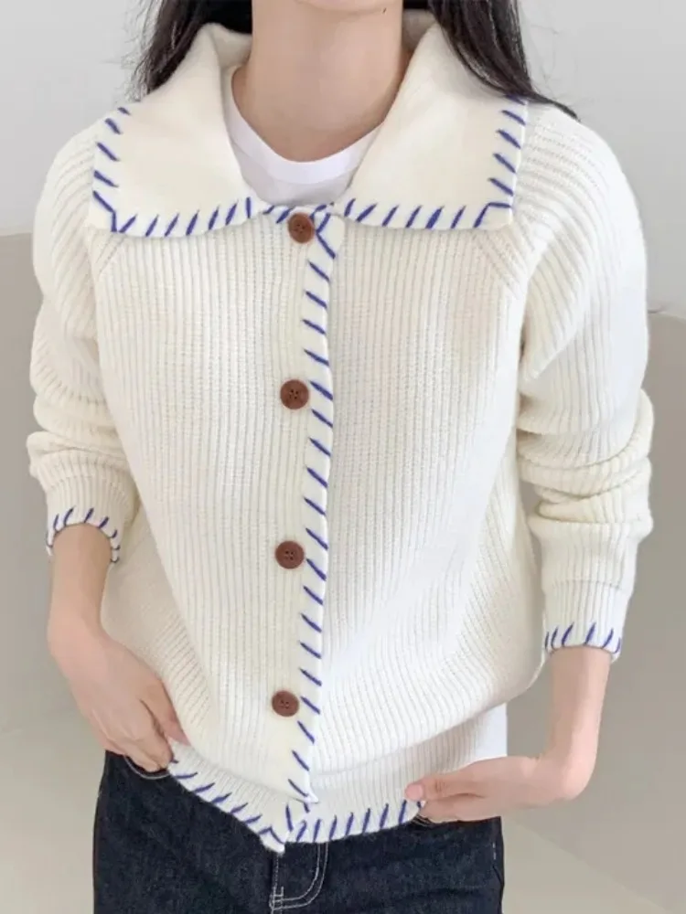 Autumn Winter Lazy Turn-down Collar Color Blo Design Knitwear Jaet Women's Loose Casual Open Cardigan Elegance Knitted Top