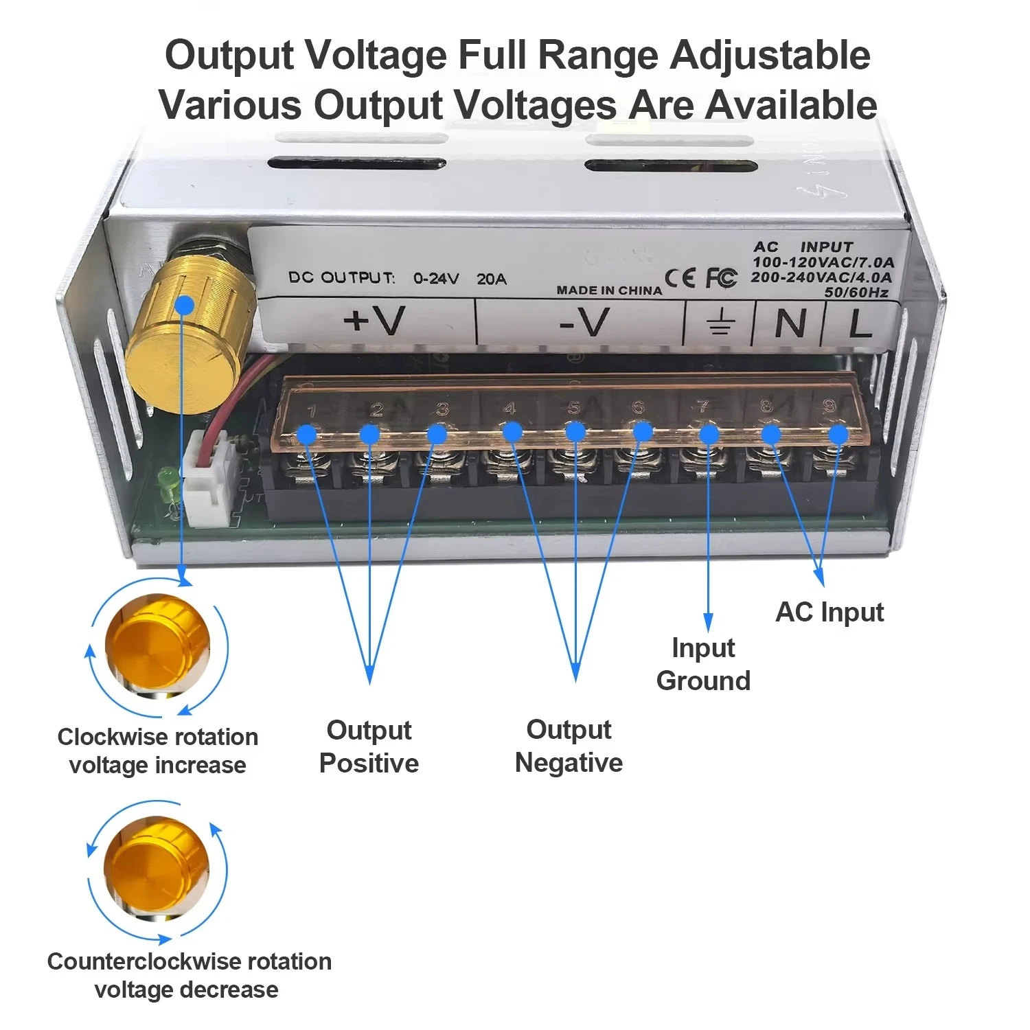 480W Switching Power Supply Adjustable Voltage 0-12V Current Limit LED Digital Display DC Output 0-12V 40A 110/220V AC