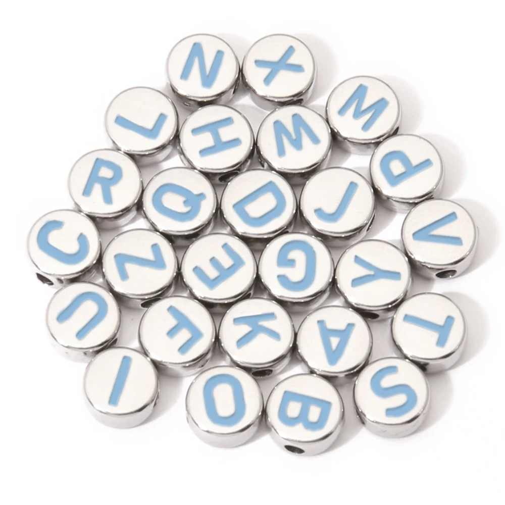 3pcs Stainless Steel Circular Drilling Blue Letter Bead Pendant Findings 18K Gold Plated For DIY Jewelry Making Accessories