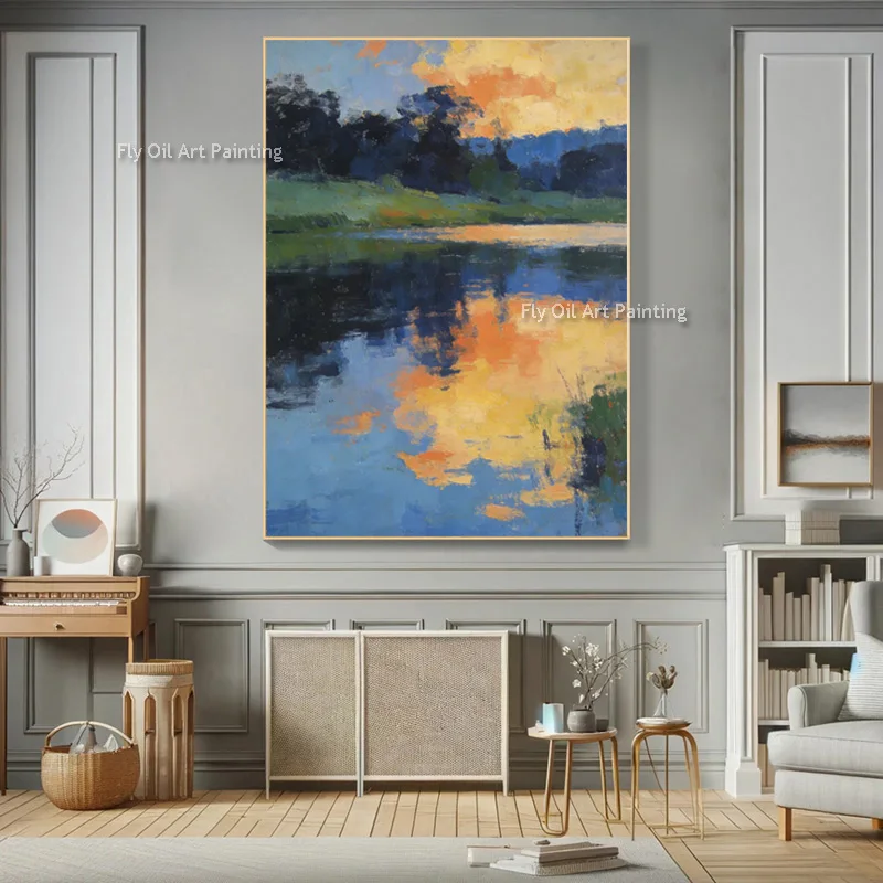 

Современная картина маслом на холсте: пейзаж с голубым озером и зеленым лесом, новый популярный дизайн, вид на синие и желтые горы