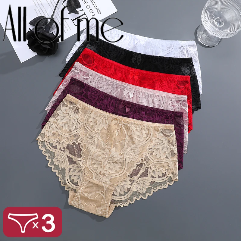 3Pcs/Set Women's Lace Floral Panties Sexy Transparent Underwear Plus Size Briefs Female Seamless Underpants Hollow Out Lingerie
