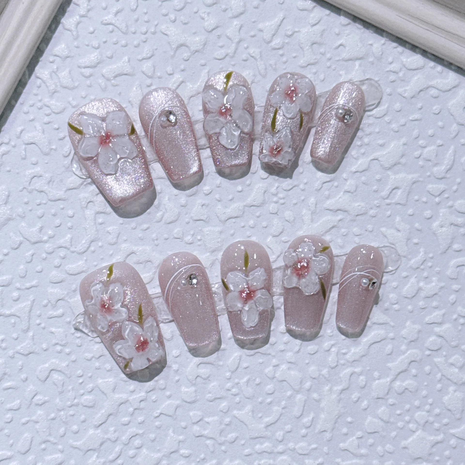 Uñas postizas hechas a mano para mujer, uñas postizas de Ojos de gato, diseño de flores dulces, manicura usable de bailarina, 10 piezas