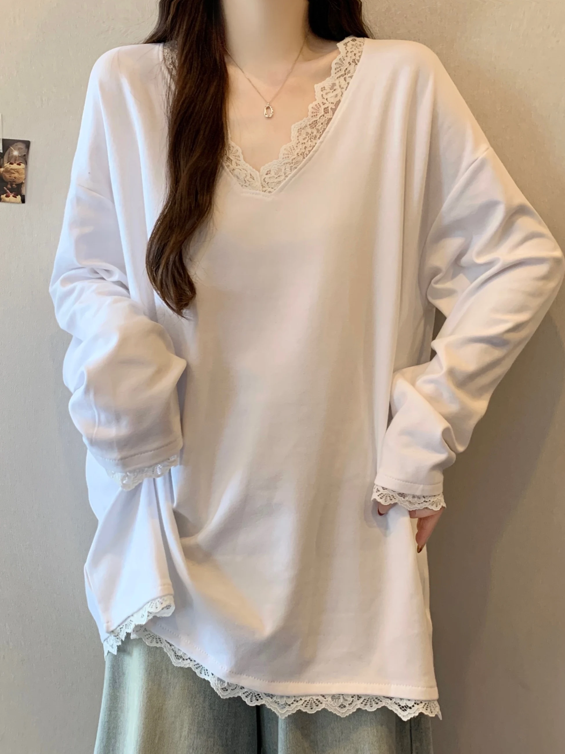 

Loose Long Sve V-Ne Lace Trim T-irt Women's plus Size Spring Faion Casual Sle White Top Comfortable Cotton Blend