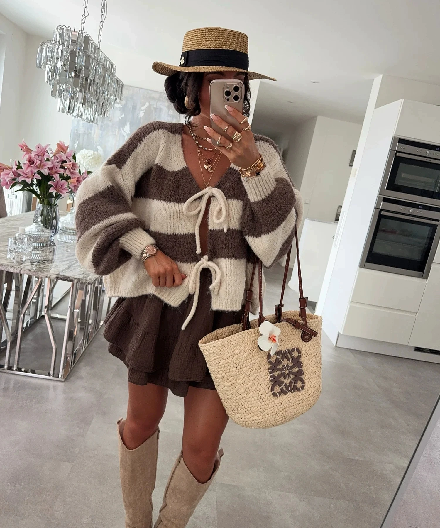 New autumn and winter striped contrasting bow tie knit cardigan elegant, fashionable, loose casual sweater jacket