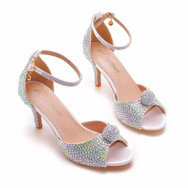 Sandały z paskami impreza Rhinestone PU 7CM na cienkim obcasie pasek z klamrą buty ślubne buty dla kobiet kolorowy diament kobiet