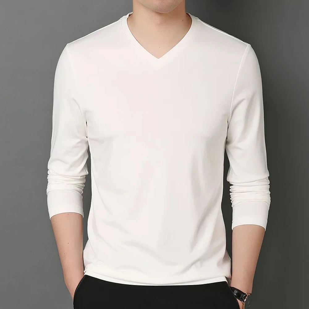 Men's Casual Long-sleeved T-shirt Fashion Solid Color Slim Joker Casual V-neck Bottoming Shirt Business Commuter Shirt L-5XL