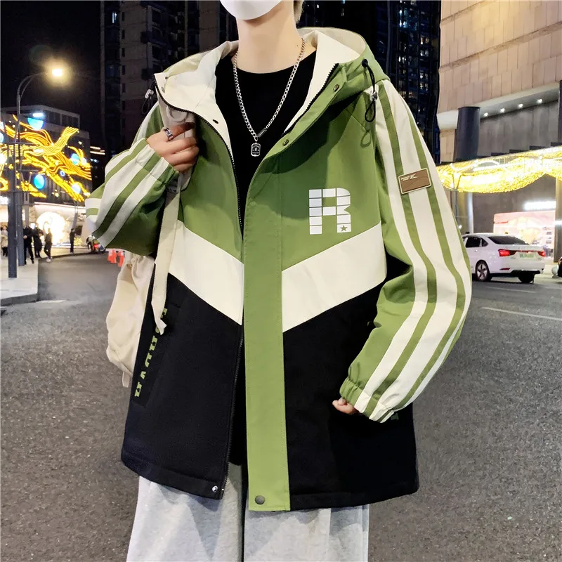 2024 New Men Clothing Men's Jacket Patchwork Fashion Striped Hooded Coat Outdoor Male Clothing Sports Zipper Casual Men Top