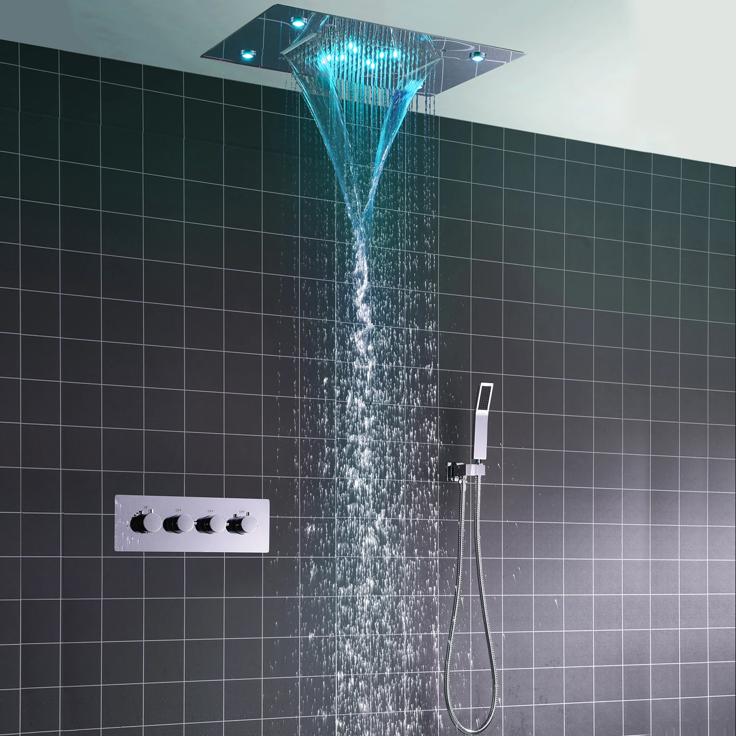 

Bathroom Accessories Chrome LED Shower Faucet 360*500MM Waterfall Rain Shower Head Embedded Thermostatic Valve Shower Set