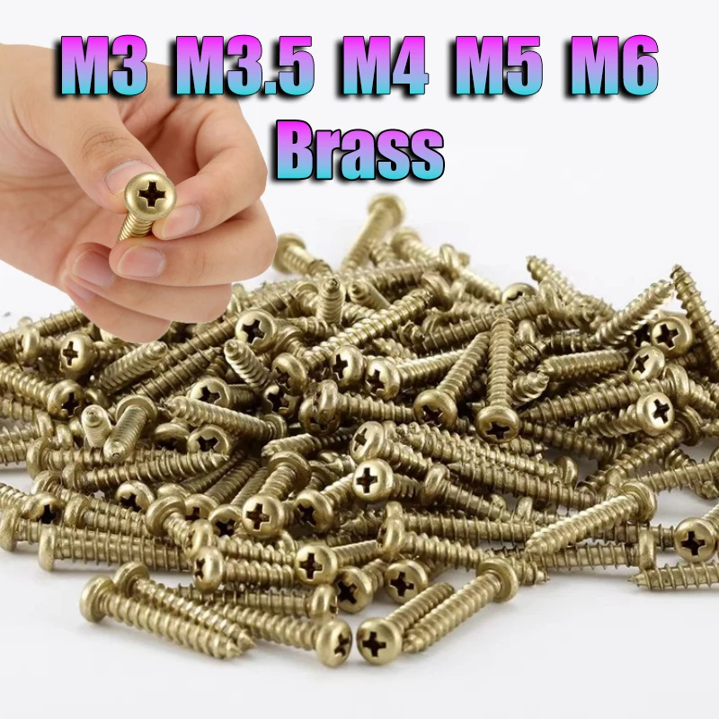 5-50pcs Brass Cross Recessed Round Head Tapping Screw M3 M3.5 M4 M5 M6 Pan Head Phillips Self Tapping Screw Wood Screws Hardware