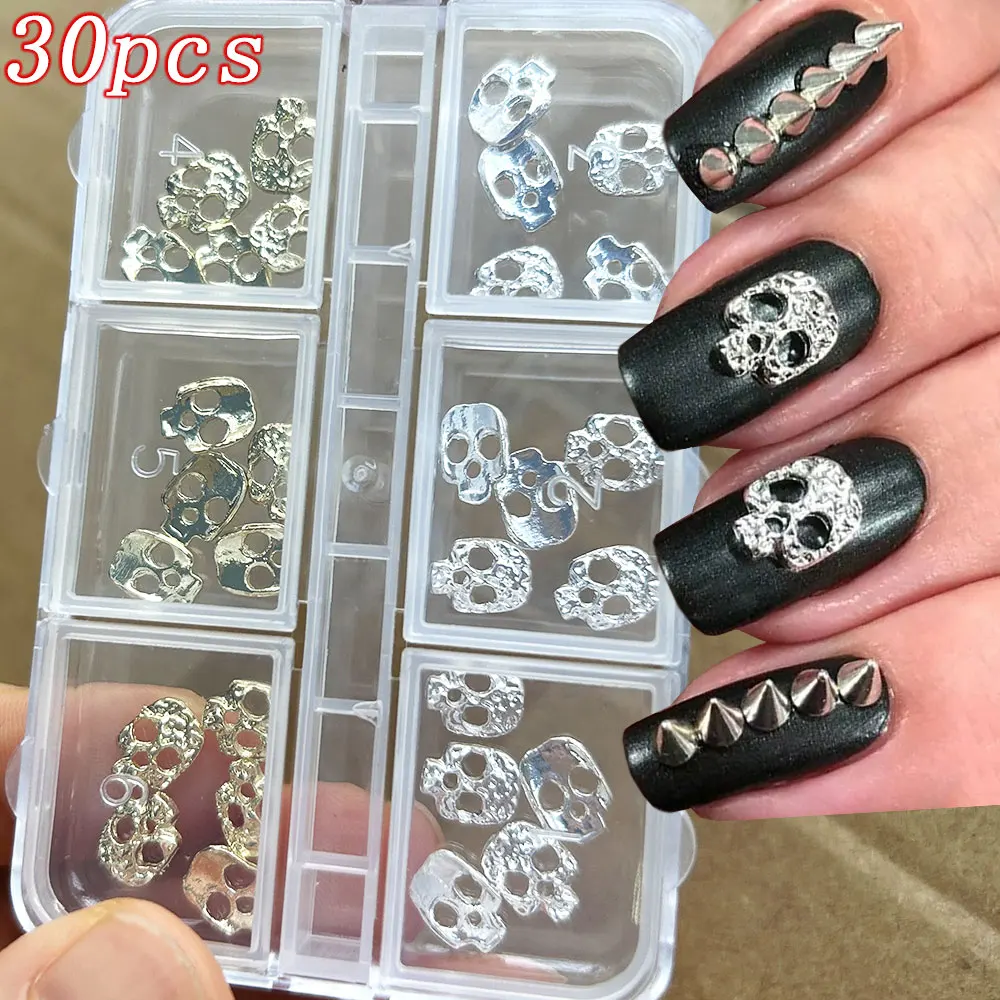 30 Uds. De dijes 3D de calavera de Halloween para decoración de uñas, aleación de 10mm, esqueleto Punk, tachuelas para uñas, 10mm, remache para manicura