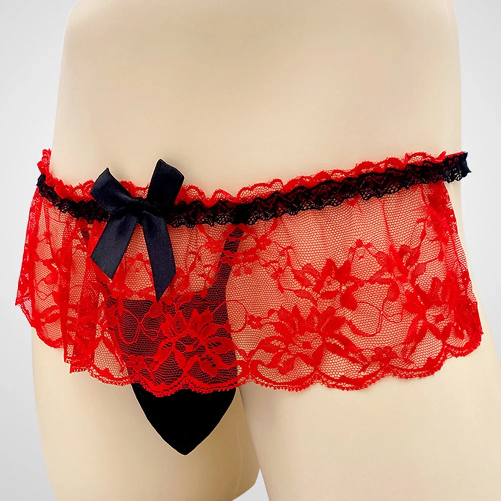 

Mens Mesh G-string Thongs Sissy For Lingerie Low Rise Ruffle Lace Pouch Mens Sexy Underwear Elastic See Through Underpants Men