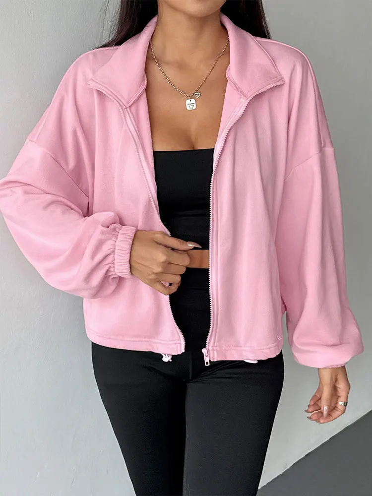 

Sports Women's Coat Clothing Autumn New Streetwear Fashion Long Sleeves Rubber Band Zippers Pink Coat Casual Slim Female Coat