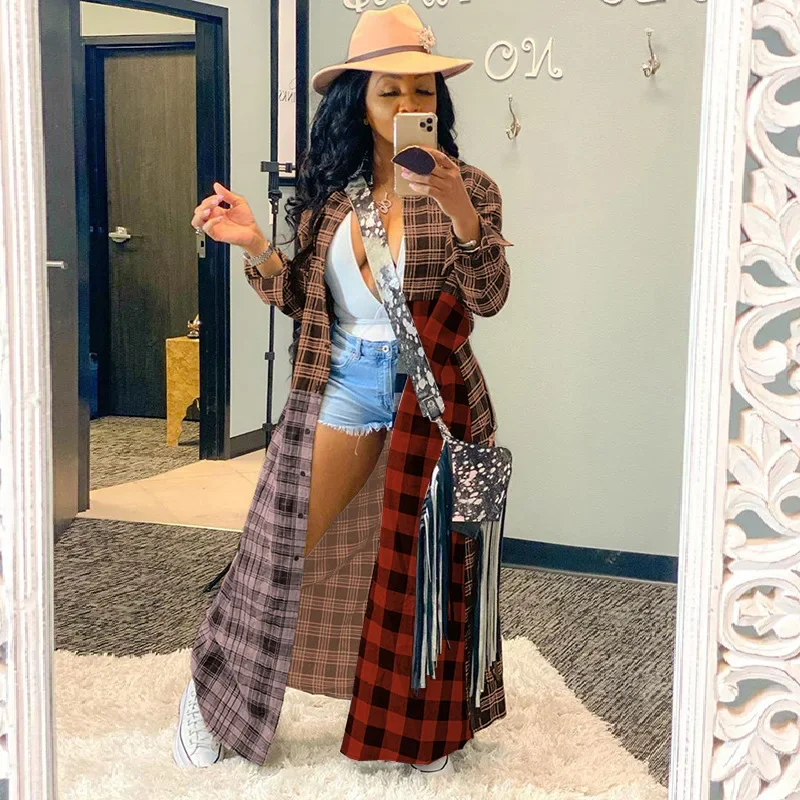Casual Colorful Plaid Patchwork Long Shirt Coat 2023 Autumn and Winter New Fashion Turn-down Collar Single Breasted Cardigan