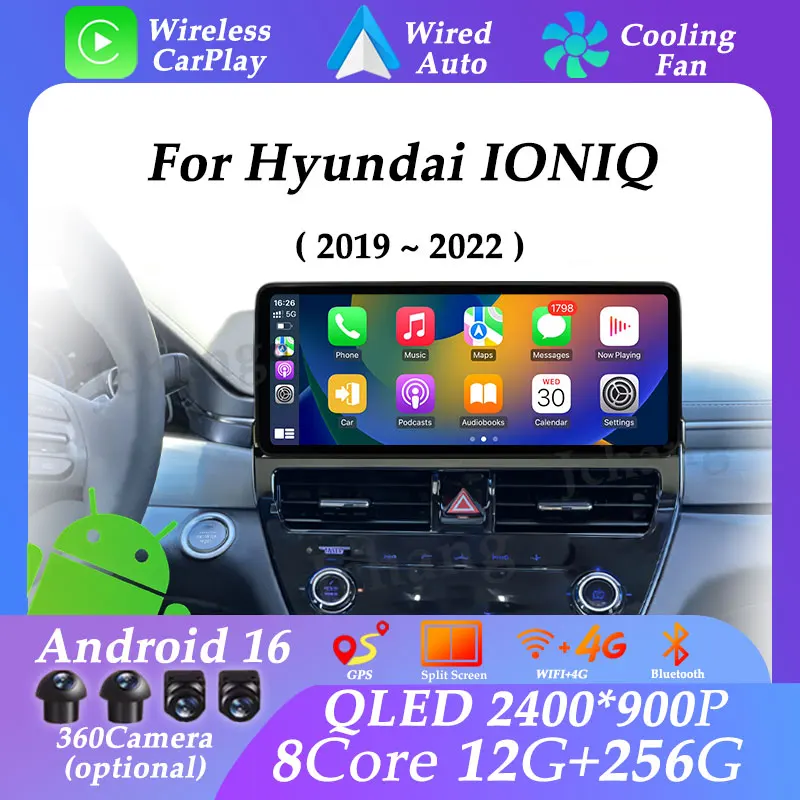 

12,3-дюймовый мультимедийный проигрыватель Android 16 с Carplay и Auto для Hyundai IONIQ 2019-2022, с разделением экрана, GPS-навигацией, DSP, Bluetooth и Wi-Fi