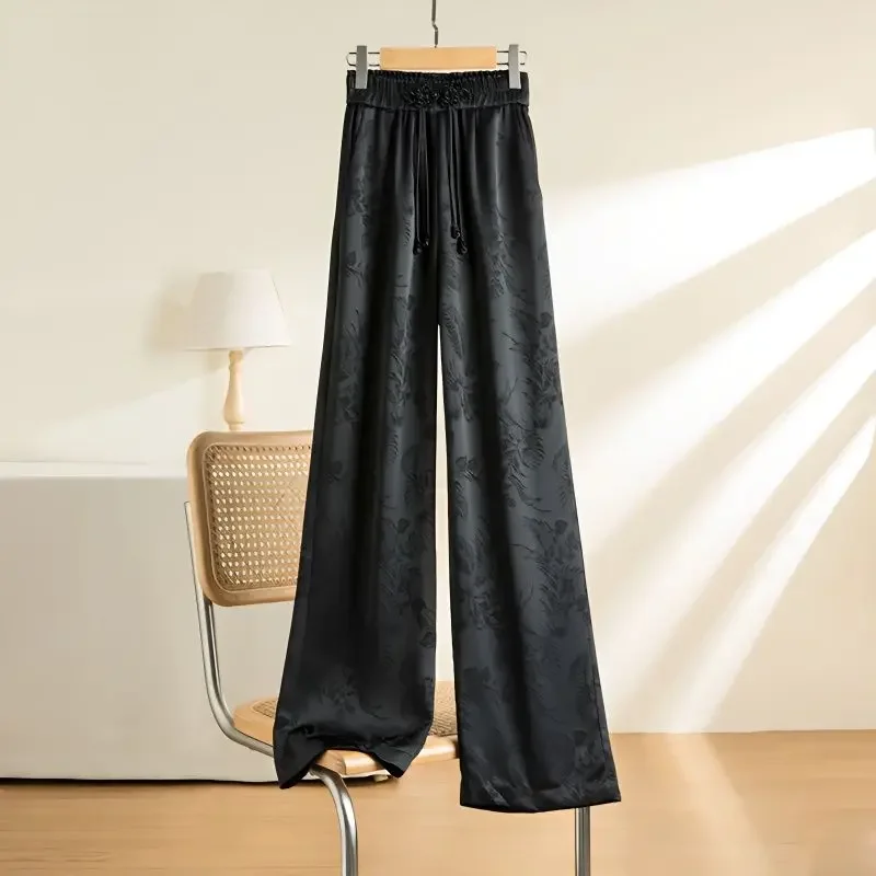 

Black Vintage Elastic High Waist Lace Up Wide Leg Loose Women's Pants Korean Fashion Full-Length Pants For Women 2024 B828