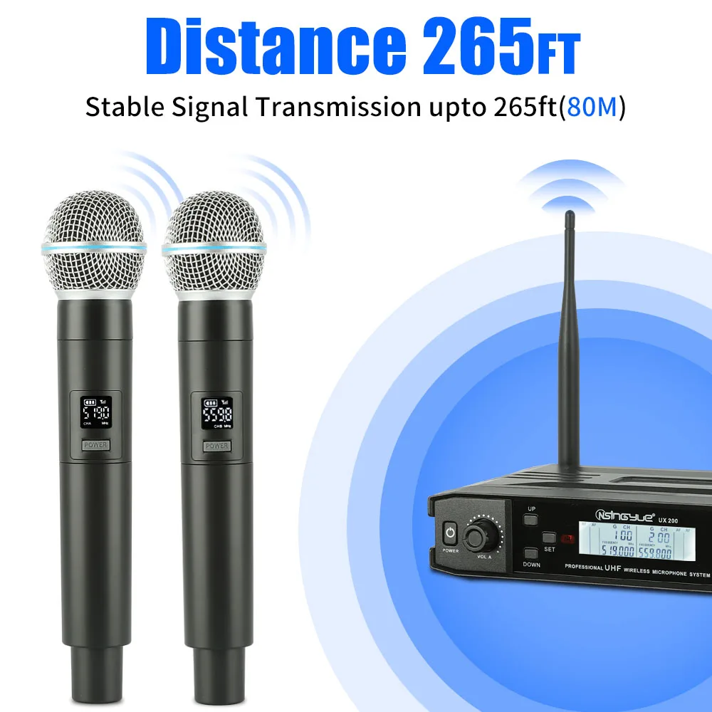 ميكروفون لاسلكي UHF المهنية ميكروفون ديناميكي ثنائي القناة لخطاب الزفاف الكنيسة تظهر حفلة المنزل Karaok ، UX-200