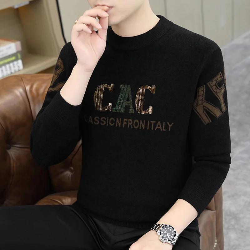

Мужской осенне-зимний элитный универсальный норковый бархатный трикотаж с буквенным принтом, облегающий круглый свитер Ne Base irt, модный повседневный свитер