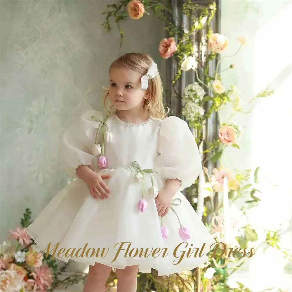 Meadow 3D Tulip Flower Girl Dress O Neck with Pearls Baby Kids Birthday Dress Off White Pageant Dress for Girl Customized