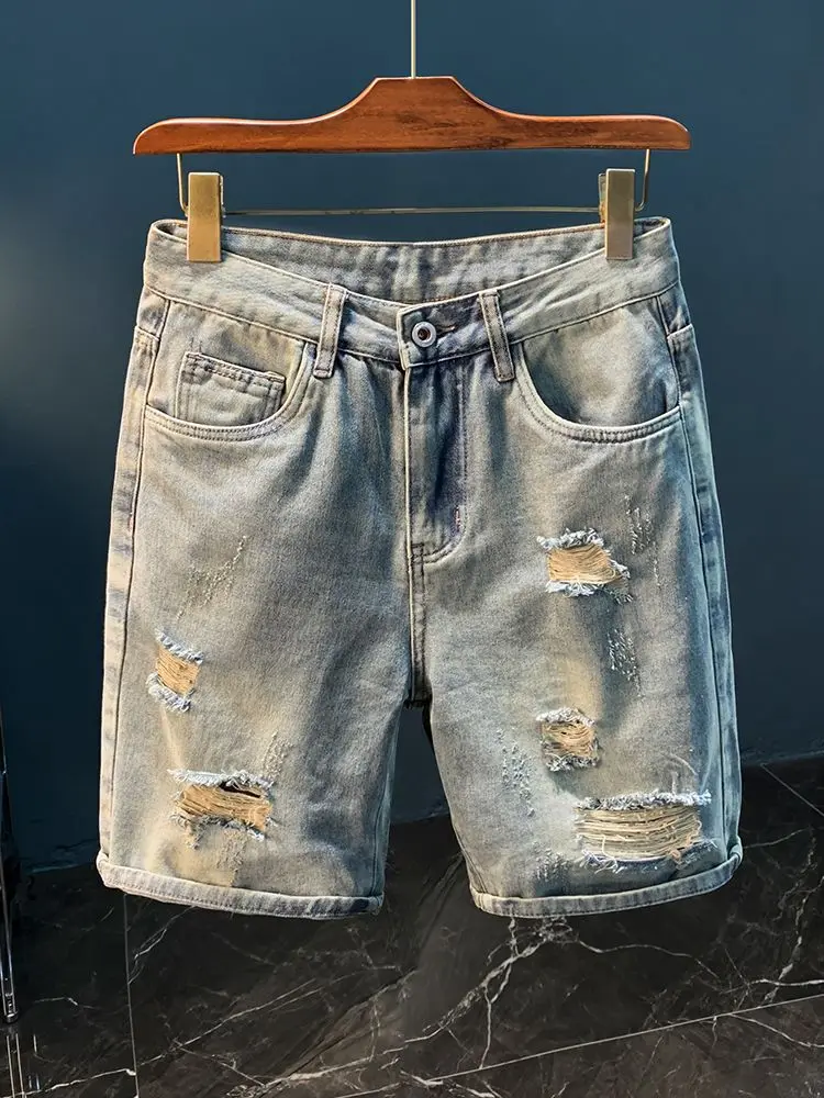 Fashion Ripped Denim Shorts Designer Clothes Man Men's 2025 Summer New Loose Straight Design Feeling Washed Bermudas Pants